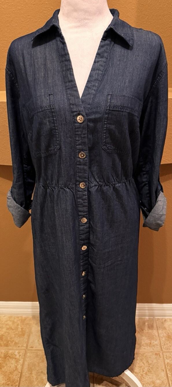 Nautica Women Dark Blue Lightweight Cotton Denim Button-Front Shirt Dress Size M